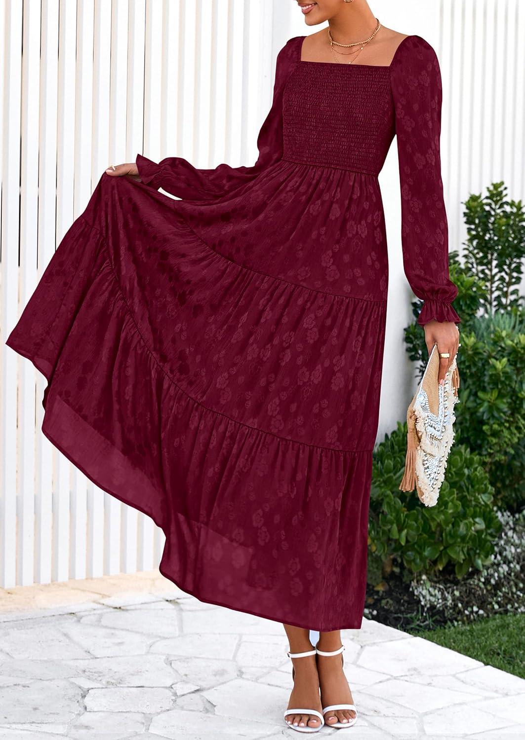 imagePRETTYGARDEN Womens 2025 Fall Floral Midi Dress Long Sleeve Smocked A Line Long Flowy Elegant Wedding Guest DressesBurgundy