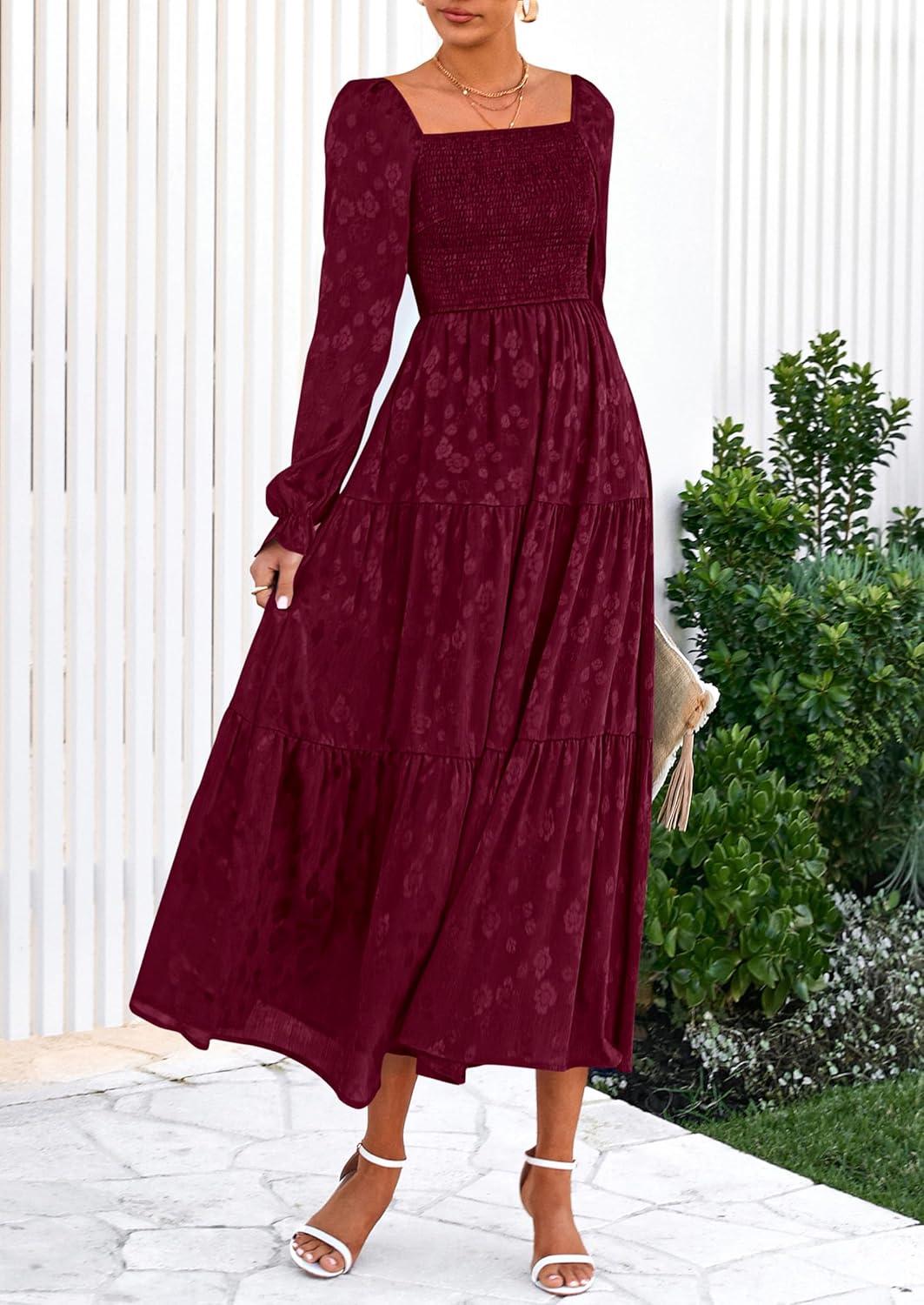 imagePRETTYGARDEN Womens 2025 Fall Floral Midi Dress Long Sleeve Smocked A Line Long Flowy Elegant Wedding Guest DressesBurgundy