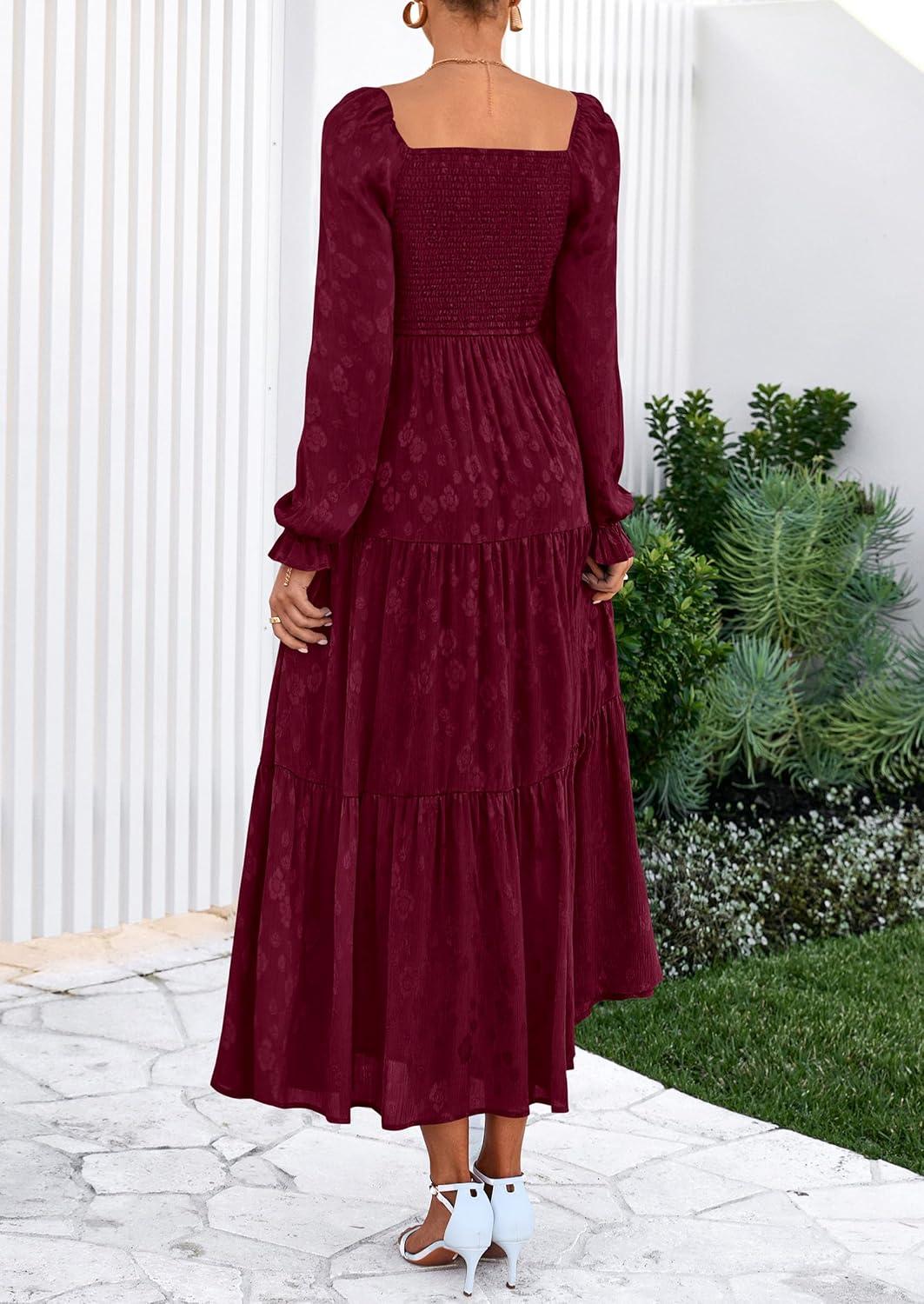imagePRETTYGARDEN Womens 2025 Fall Floral Midi Dress Long Sleeve Smocked A Line Long Flowy Elegant Wedding Guest DressesBurgundy