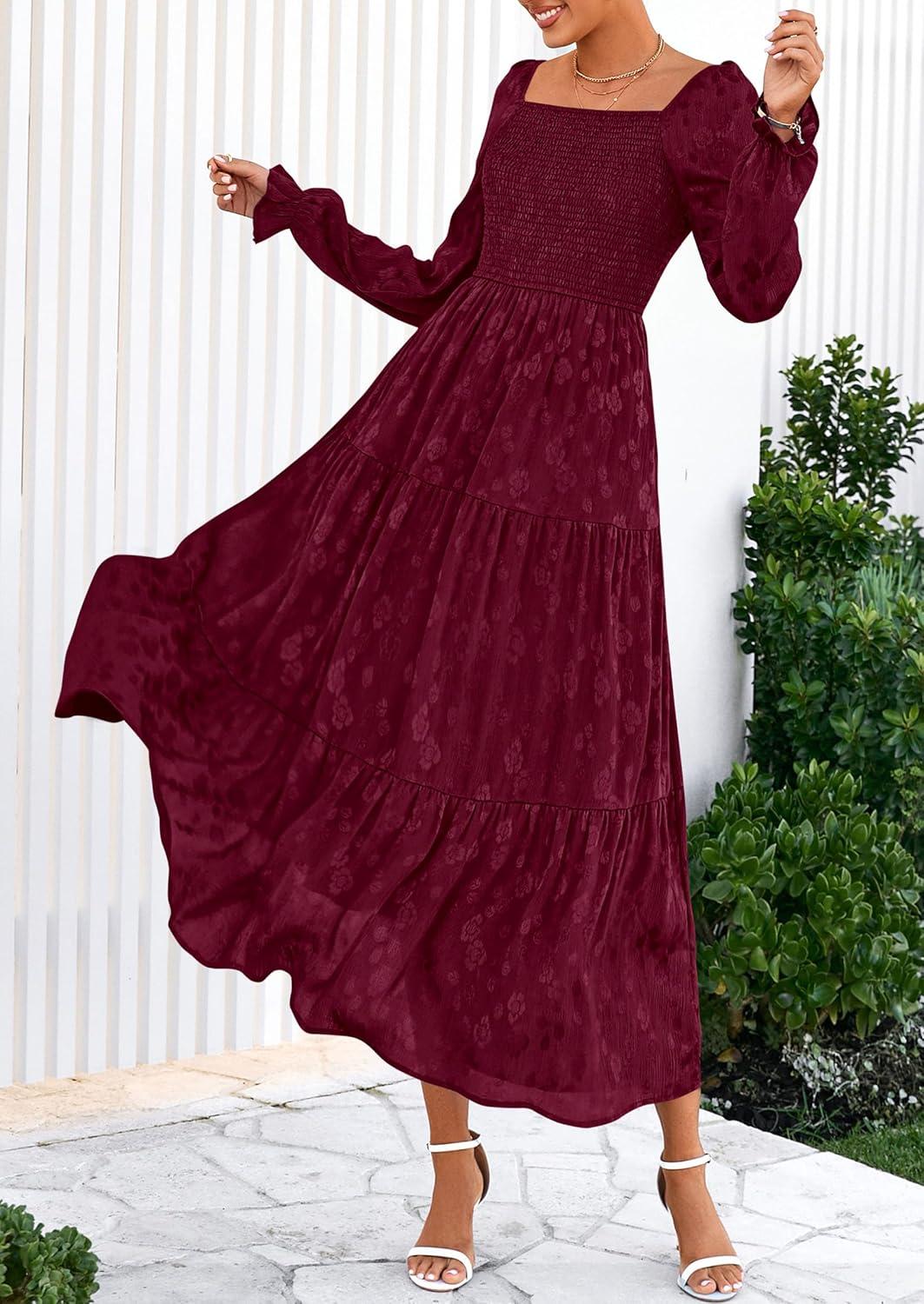 imagePRETTYGARDEN Womens 2025 Fall Floral Midi Dress Long Sleeve Smocked A Line Long Flowy Elegant Wedding Guest DressesBurgundy