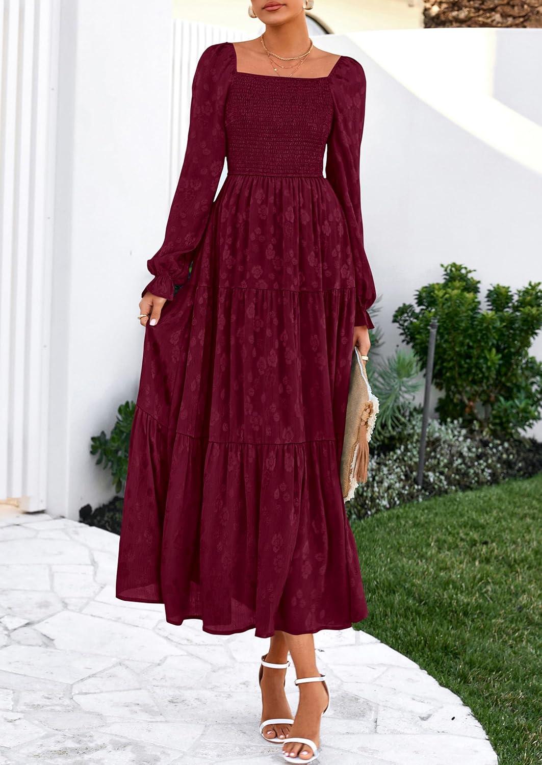 imagePRETTYGARDEN Womens 2025 Fall Floral Midi Dress Long Sleeve Smocked A Line Long Flowy Elegant Wedding Guest DressesBurgundy