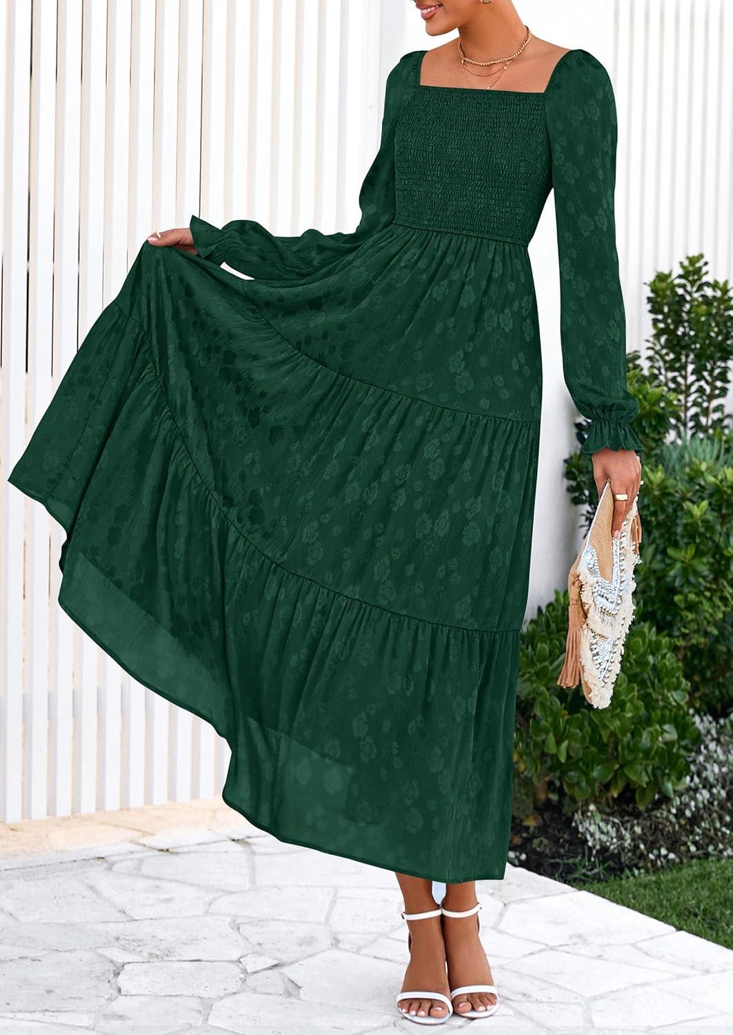 imagePRETTYGARDEN Womens 2025 Fall Floral Midi Dress Long Sleeve Smocked A Line Long Flowy Elegant Wedding Guest DressesDark Green