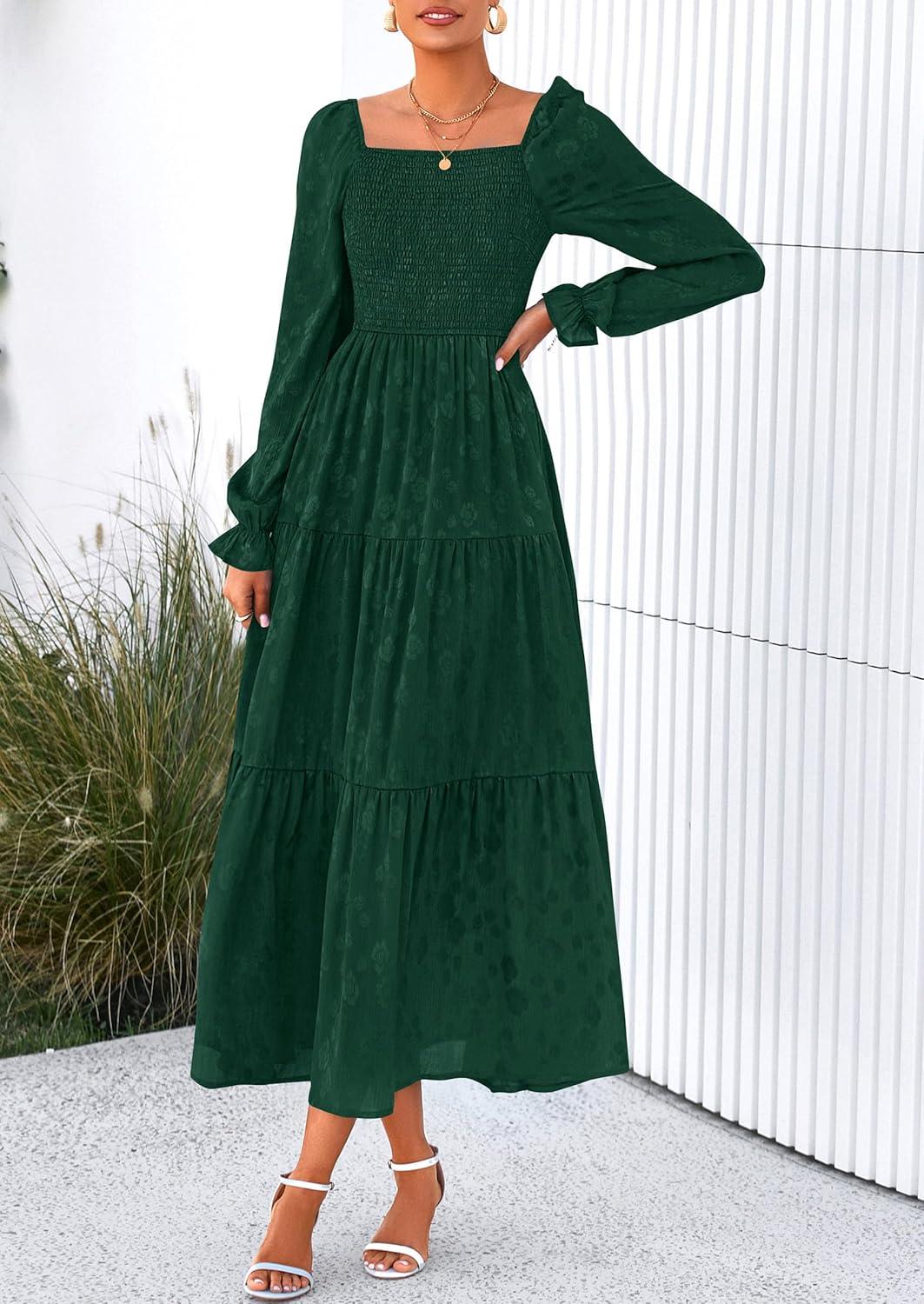 imagePRETTYGARDEN Womens 2025 Fall Floral Midi Dress Long Sleeve Smocked A Line Long Flowy Elegant Wedding Guest DressesDark Green