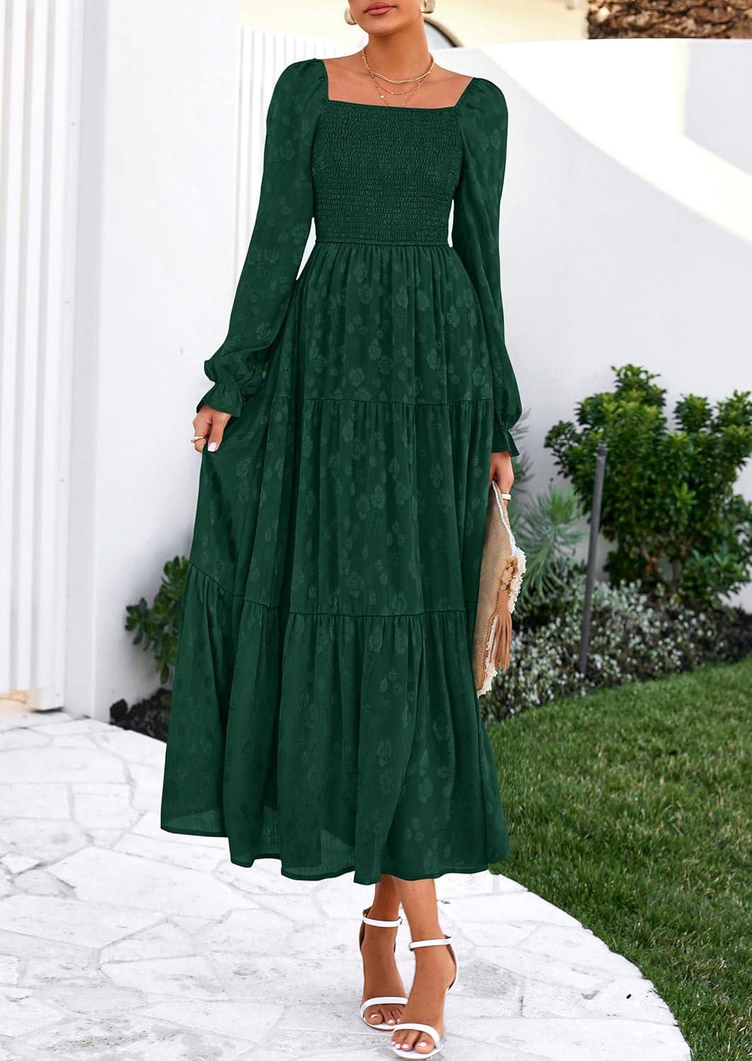 imagePRETTYGARDEN Womens 2025 Fall Floral Midi Dress Long Sleeve Smocked A Line Long Flowy Elegant Wedding Guest DressesDark Green