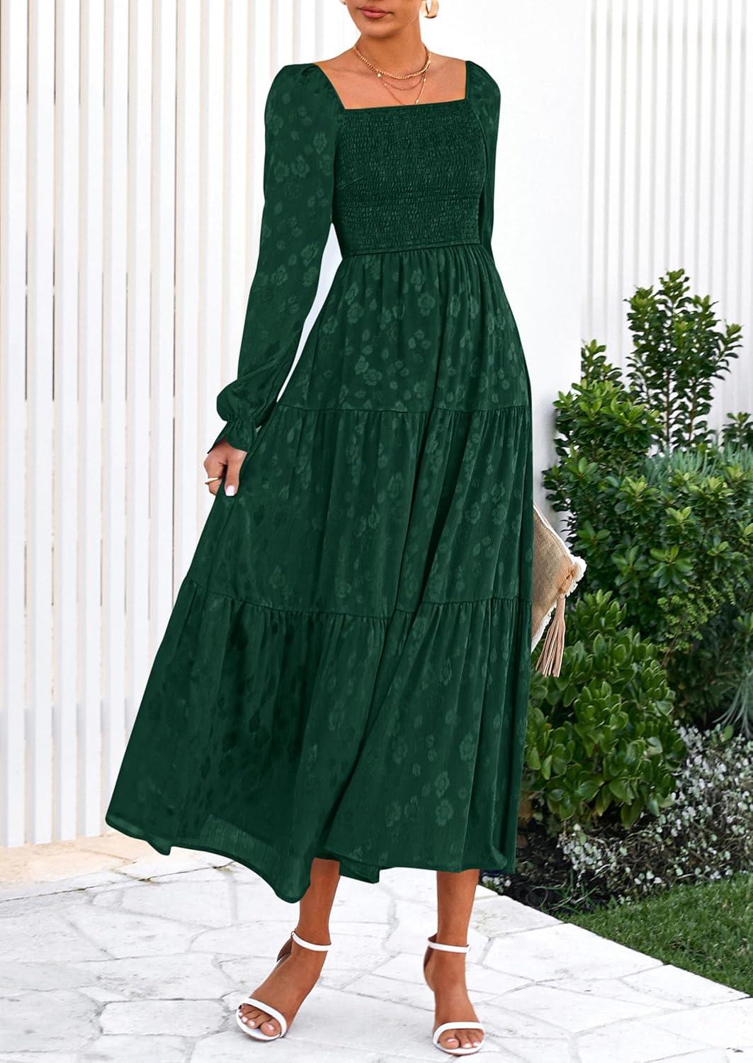 imagePRETTYGARDEN Womens 2025 Fall Floral Midi Dress Long Sleeve Smocked A Line Long Flowy Elegant Wedding Guest DressesDark Green