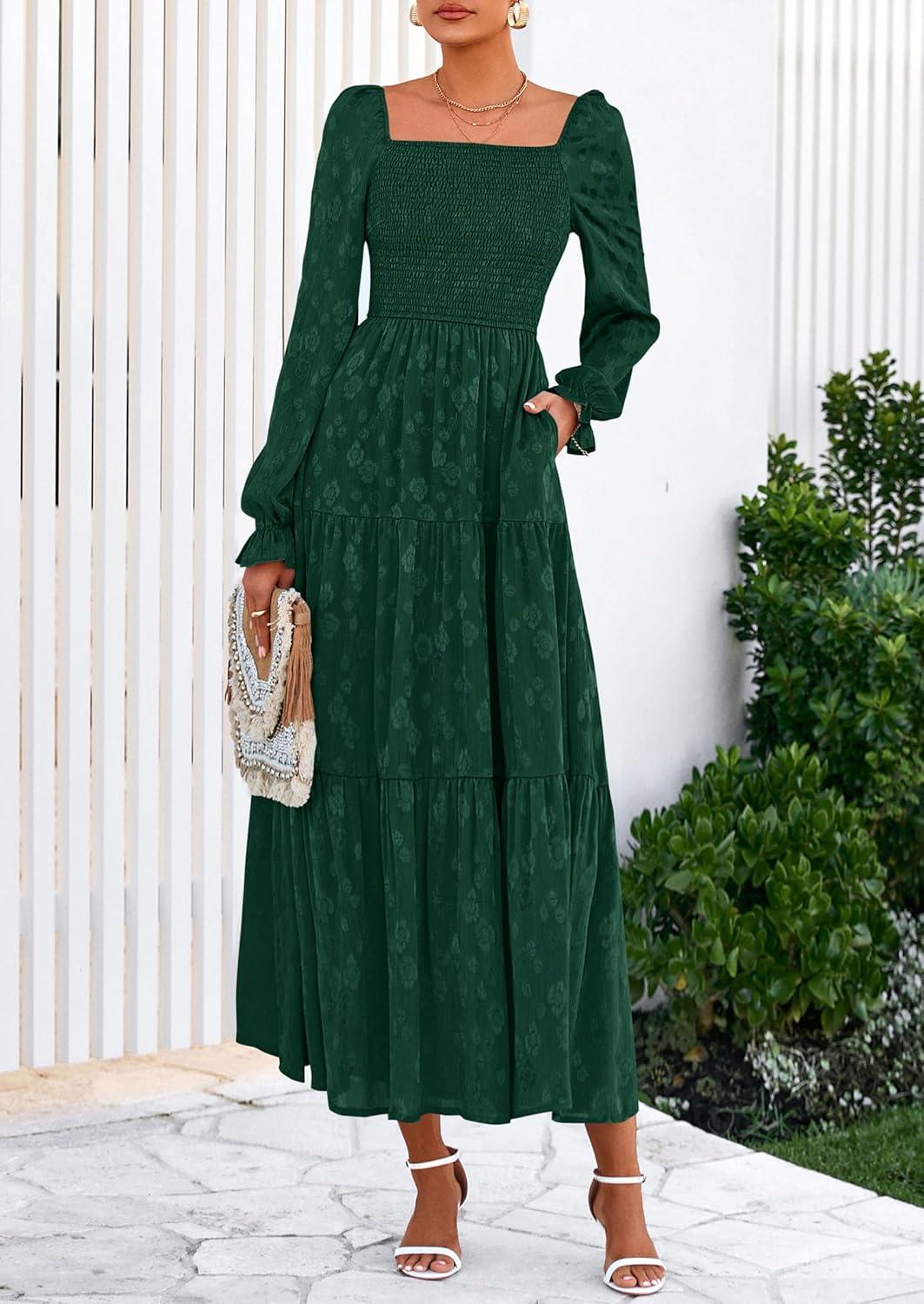 imagePRETTYGARDEN Womens 2025 Fall Floral Midi Dress Long Sleeve Smocked A Line Long Flowy Elegant Wedding Guest DressesDark Green
