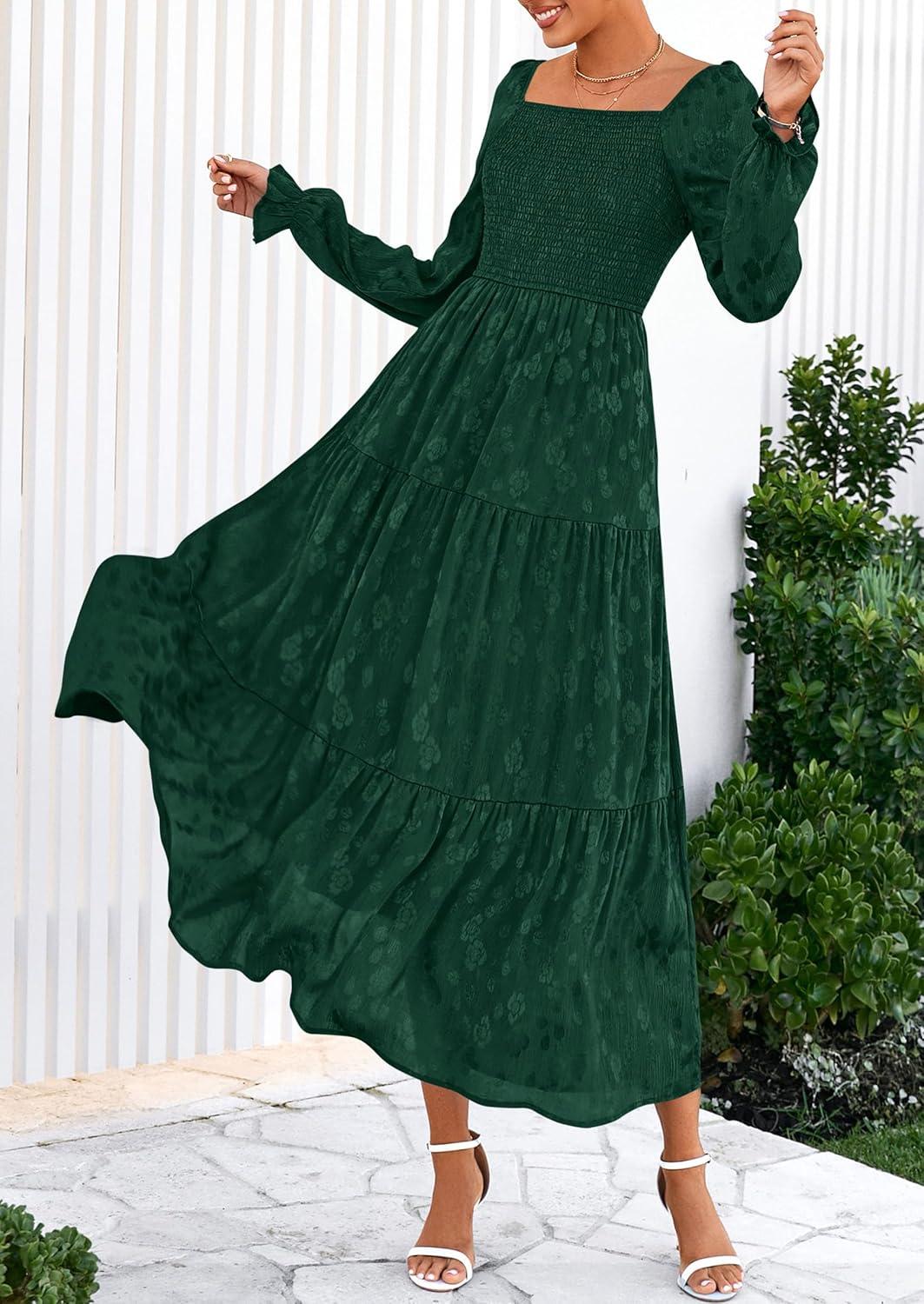 imagePRETTYGARDEN Womens 2025 Fall Floral Midi Dress Long Sleeve Smocked A Line Long Flowy Elegant Wedding Guest DressesDark Green
