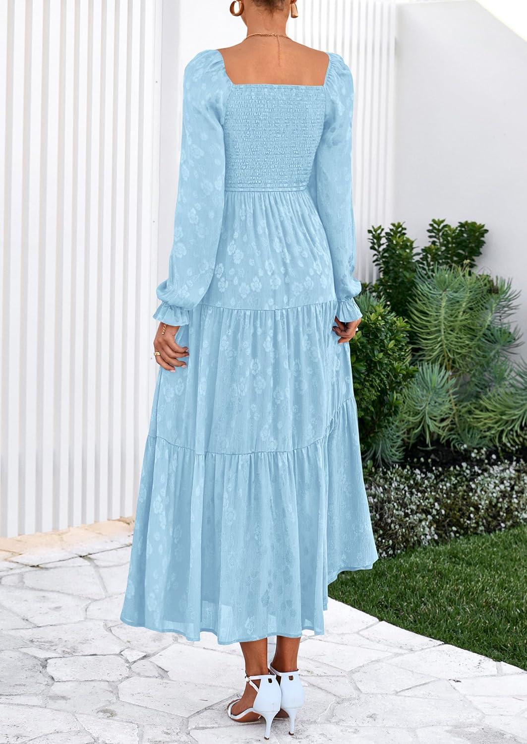 imagePRETTYGARDEN Womens 2025 Fall Floral Midi Dress Long Sleeve Smocked A Line Long Flowy Elegant Wedding Guest DressesLight Blue