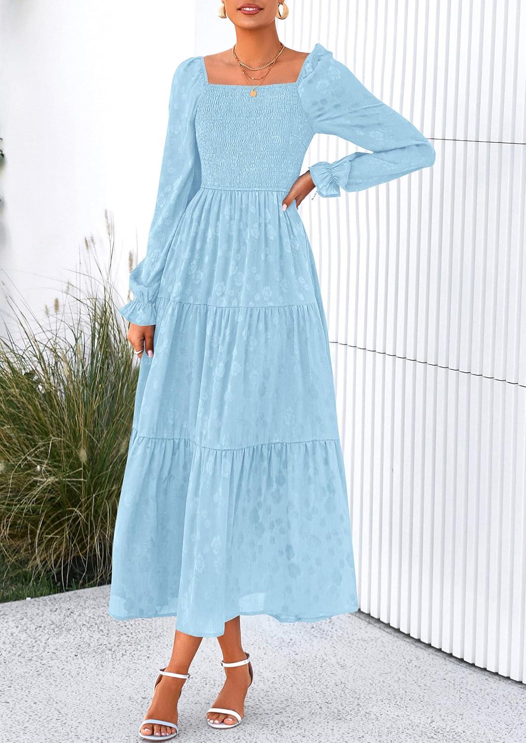 imagePRETTYGARDEN Womens 2025 Fall Floral Midi Dress Long Sleeve Smocked A Line Long Flowy Elegant Wedding Guest DressesLight Blue