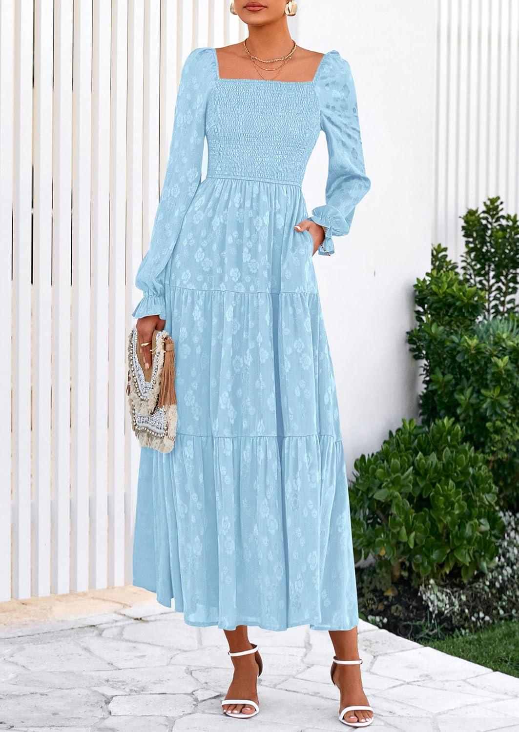 imagePRETTYGARDEN Womens 2025 Fall Floral Midi Dress Long Sleeve Smocked A Line Long Flowy Elegant Wedding Guest DressesLight Blue