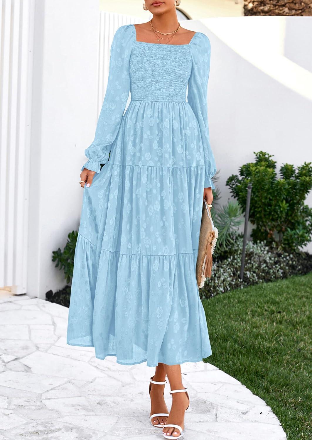 imagePRETTYGARDEN Womens 2025 Fall Floral Midi Dress Long Sleeve Smocked A Line Long Flowy Elegant Wedding Guest DressesLight Blue