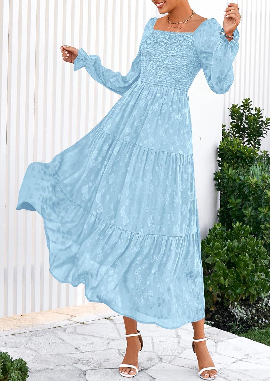 imagePRETTYGARDEN Womens 2025 Fall Floral Midi Dress Long Sleeve Smocked A Line Long Flowy Elegant Wedding Guest DressesLight Blue