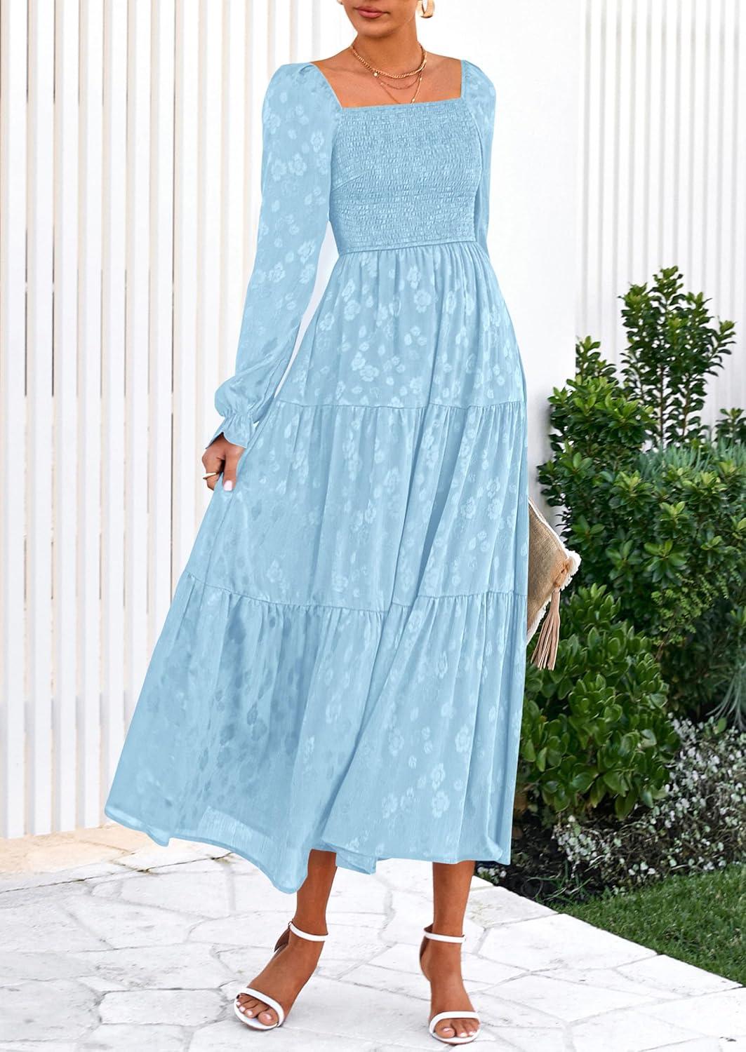 imagePRETTYGARDEN Womens 2025 Fall Floral Midi Dress Long Sleeve Smocked A Line Long Flowy Elegant Wedding Guest DressesLight Blue