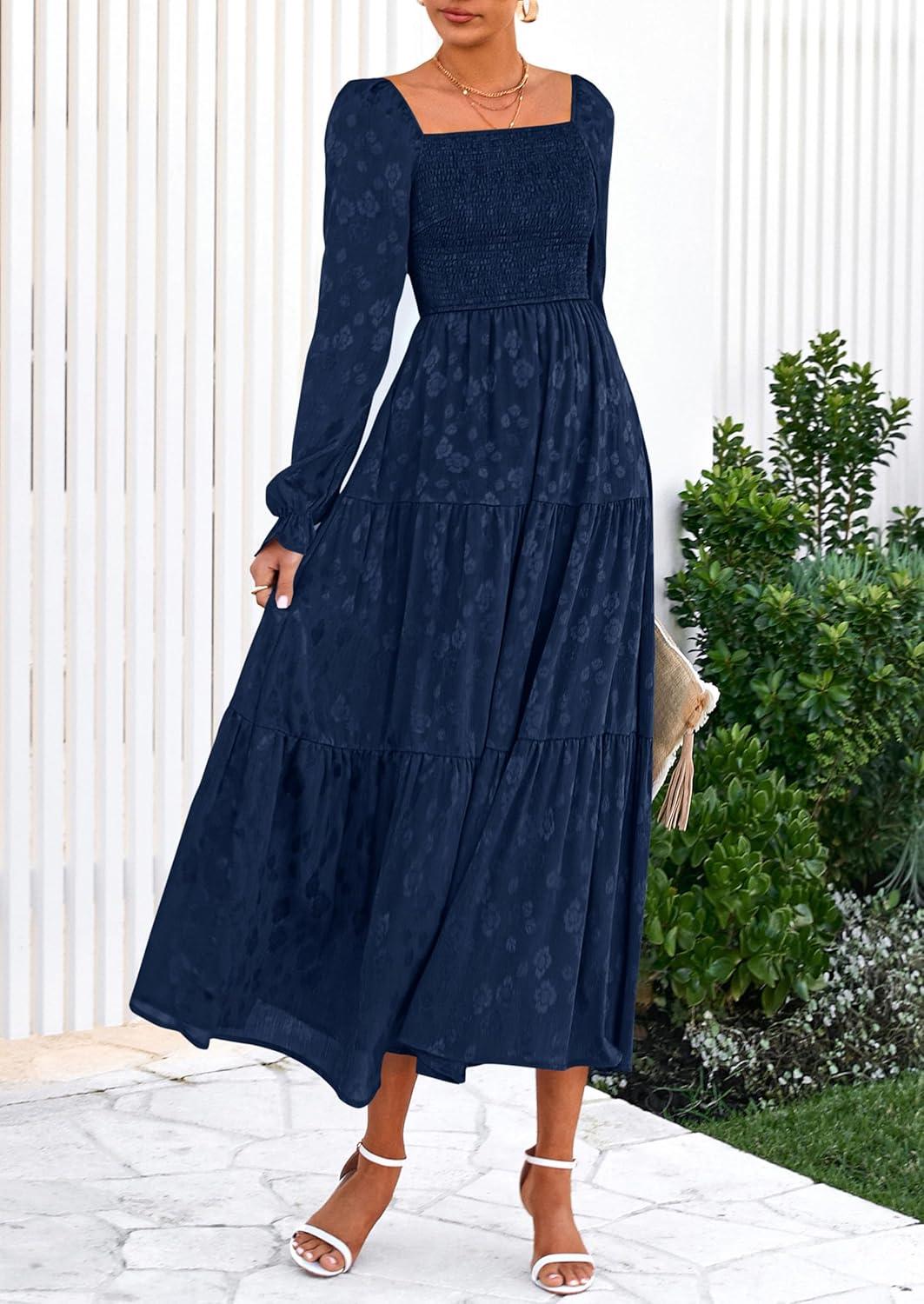 imagePRETTYGARDEN Womens 2025 Fall Floral Midi Dress Long Sleeve Smocked A Line Long Flowy Elegant Wedding Guest DressesNavy Blue