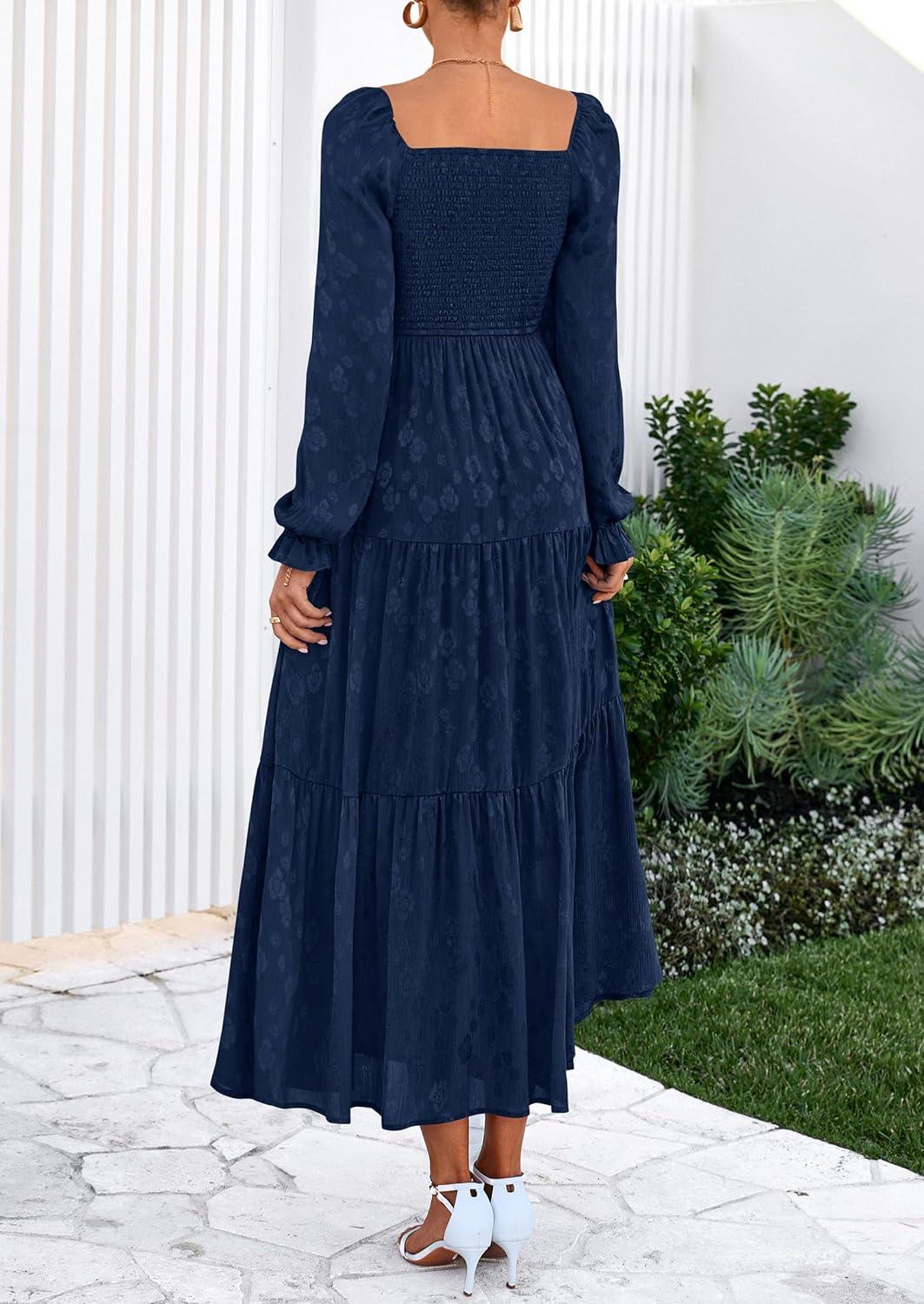 imagePRETTYGARDEN Womens 2025 Fall Floral Midi Dress Long Sleeve Smocked A Line Long Flowy Elegant Wedding Guest DressesNavy Blue