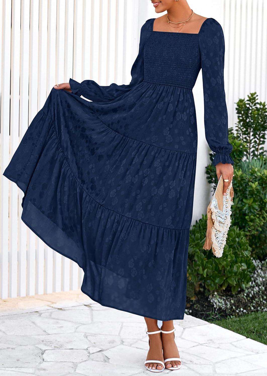 imagePRETTYGARDEN Womens 2025 Fall Floral Midi Dress Long Sleeve Smocked A Line Long Flowy Elegant Wedding Guest DressesNavy Blue