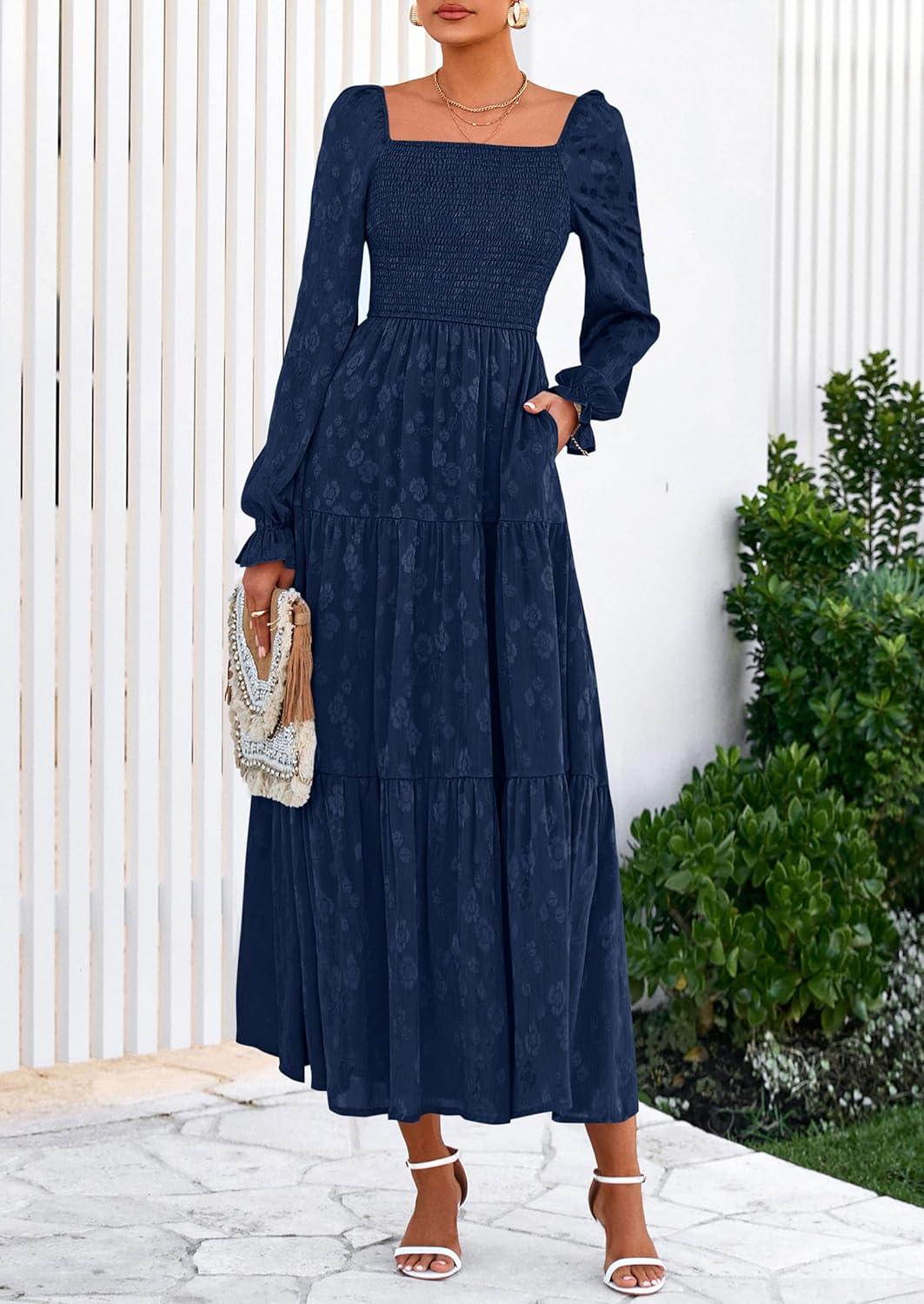 imagePRETTYGARDEN Womens 2025 Fall Floral Midi Dress Long Sleeve Smocked A Line Long Flowy Elegant Wedding Guest DressesNavy Blue