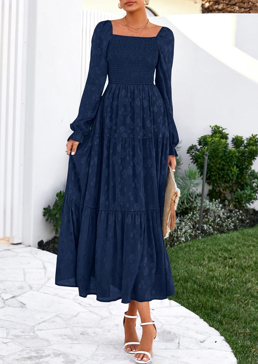imagePRETTYGARDEN Womens 2025 Fall Floral Midi Dress Long Sleeve Smocked A Line Long Flowy Elegant Wedding Guest DressesNavy Blue