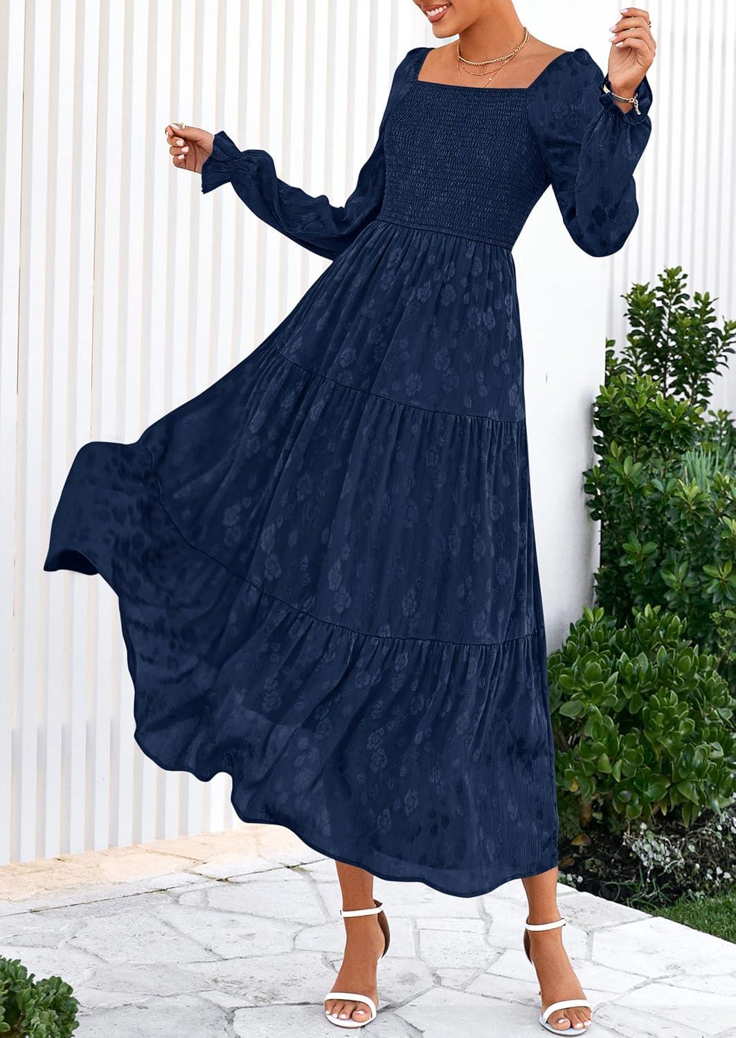 imagePRETTYGARDEN Womens 2025 Fall Floral Midi Dress Long Sleeve Smocked A Line Long Flowy Elegant Wedding Guest DressesNavy Blue