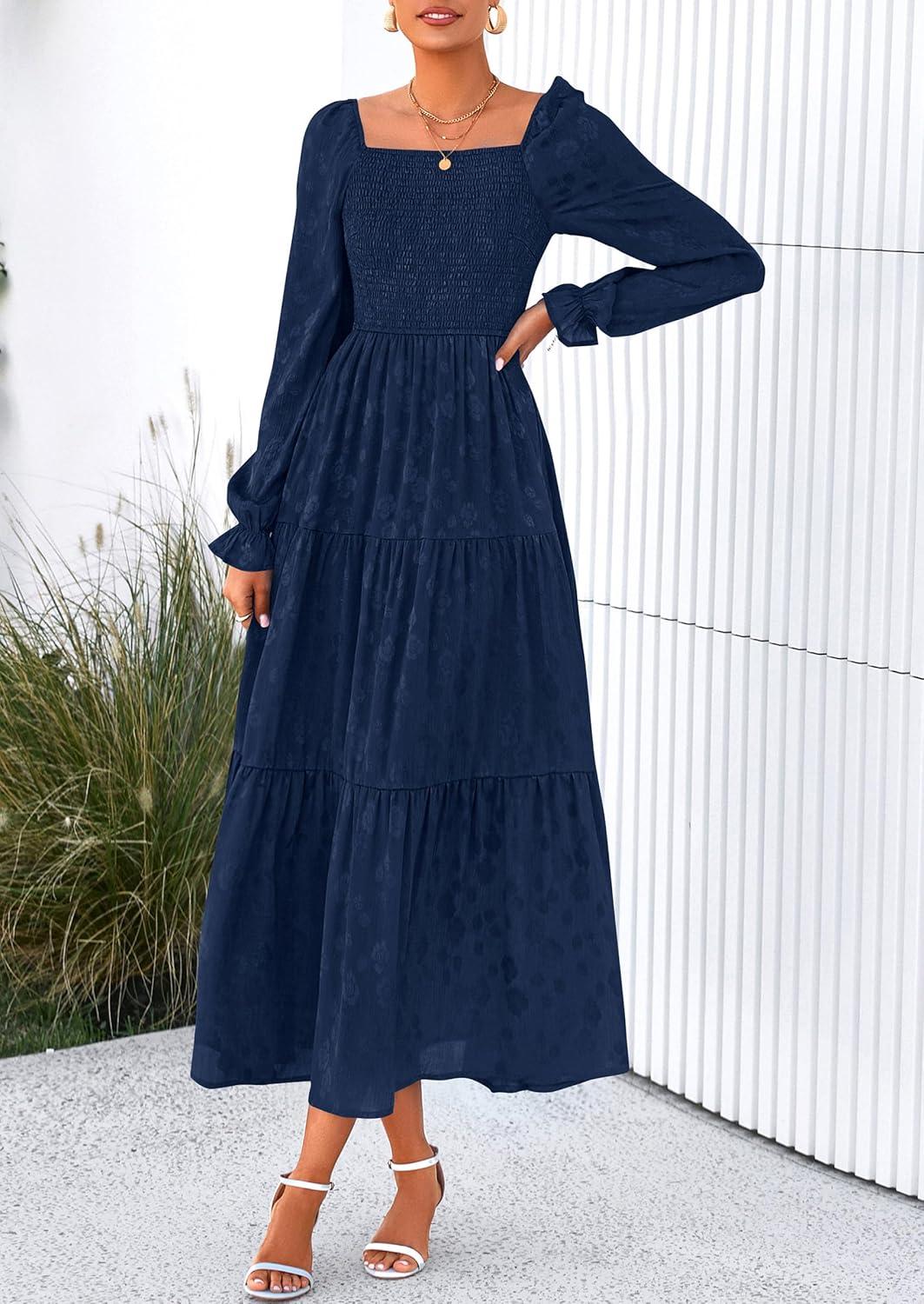 imagePRETTYGARDEN Womens 2025 Fall Floral Midi Dress Long Sleeve Smocked A Line Long Flowy Elegant Wedding Guest DressesNavy Blue
