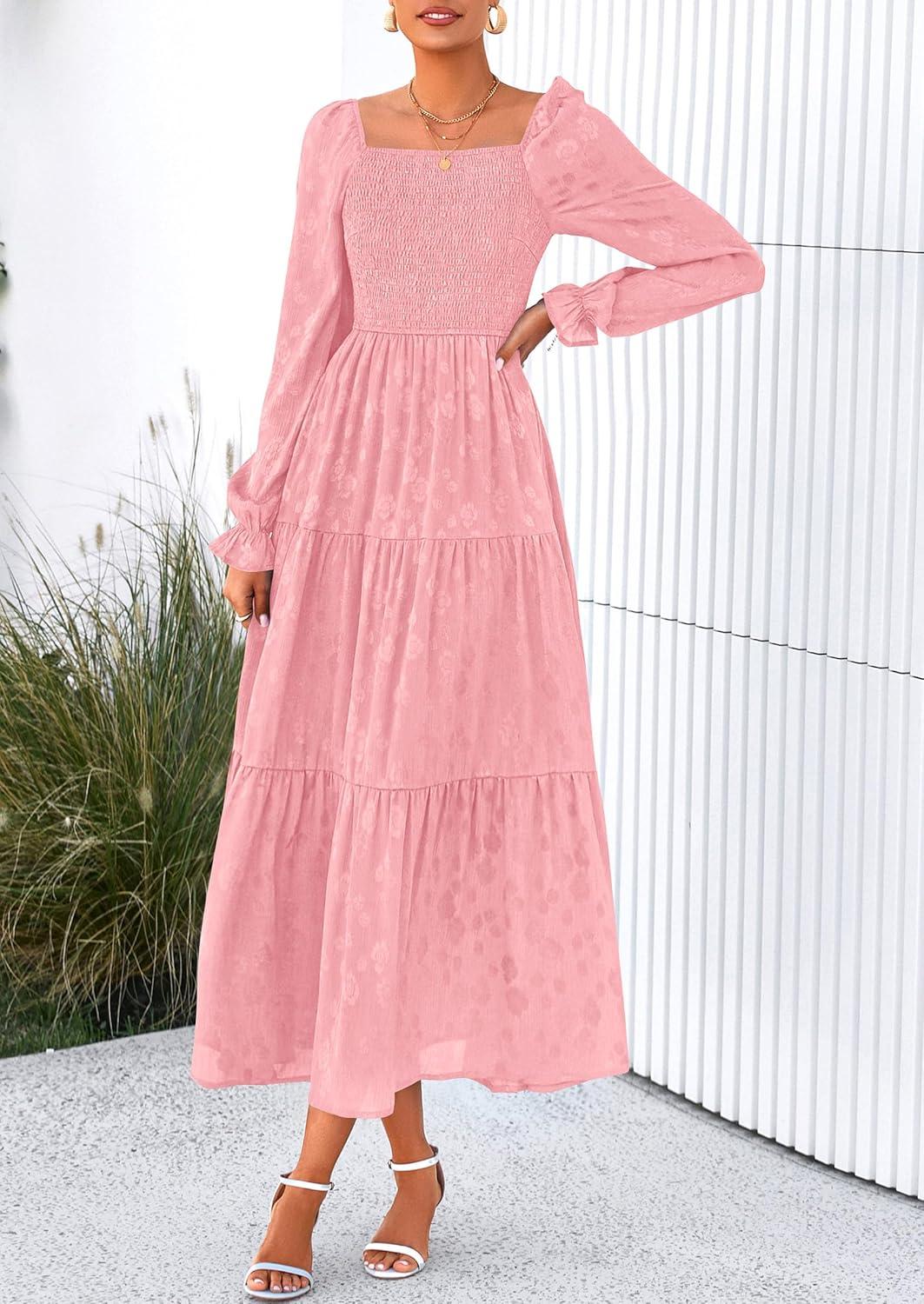 imagePRETTYGARDEN Womens 2025 Fall Floral Midi Dress Long Sleeve Smocked A Line Long Flowy Elegant Wedding Guest DressesPink