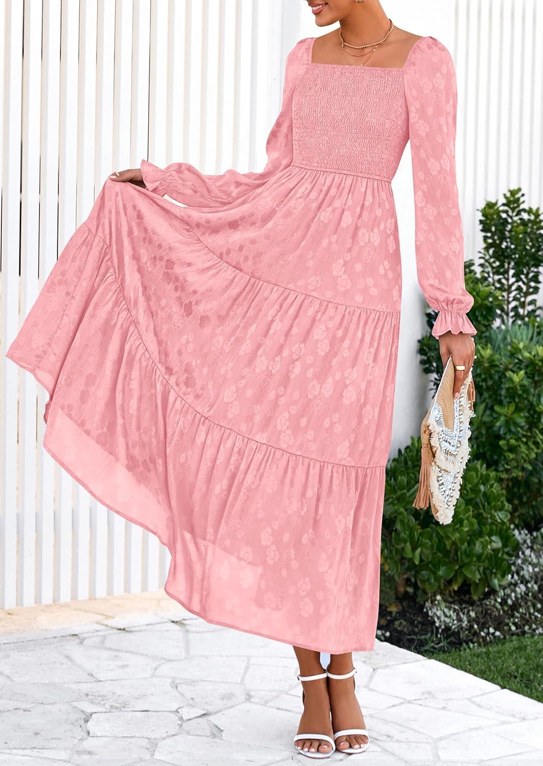 imagePRETTYGARDEN Womens 2025 Fall Floral Midi Dress Long Sleeve Smocked A Line Long Flowy Elegant Wedding Guest DressesPink
