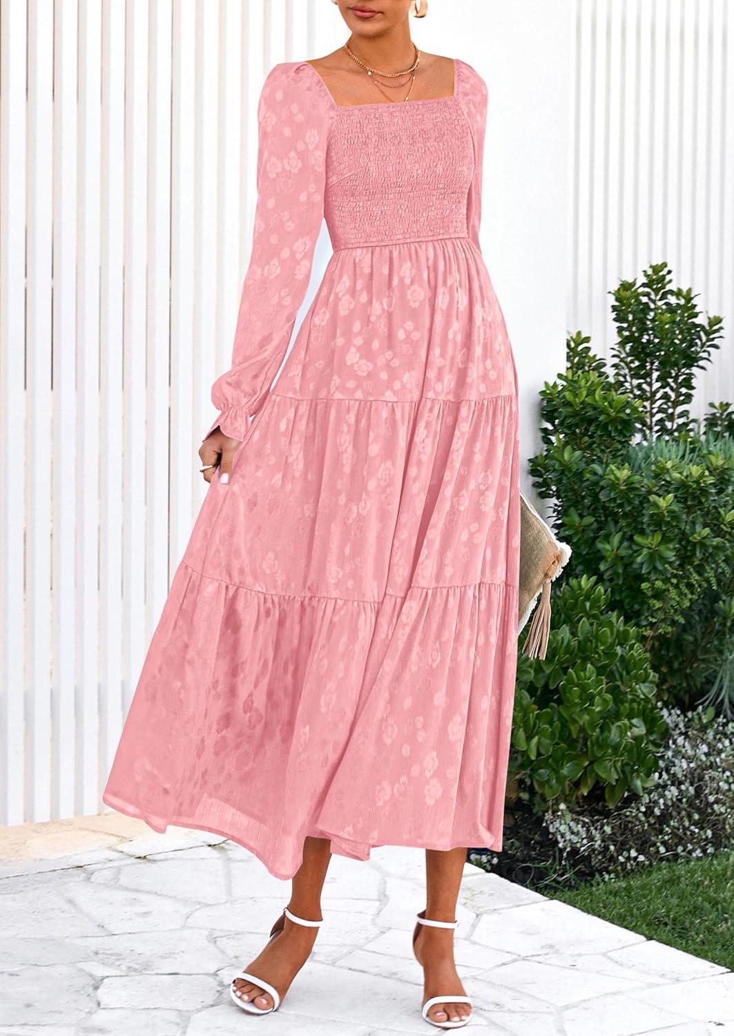 imagePRETTYGARDEN Womens 2025 Fall Floral Midi Dress Long Sleeve Smocked A Line Long Flowy Elegant Wedding Guest DressesPink