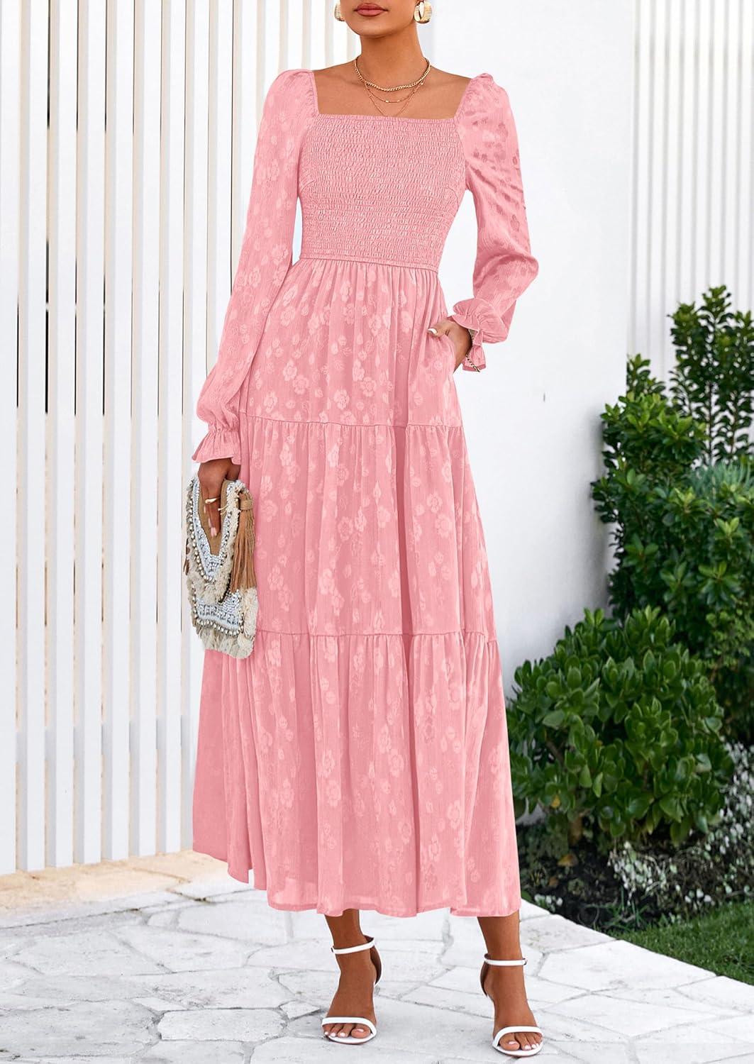 imagePRETTYGARDEN Womens 2025 Fall Floral Midi Dress Long Sleeve Smocked A Line Long Flowy Elegant Wedding Guest DressesPink