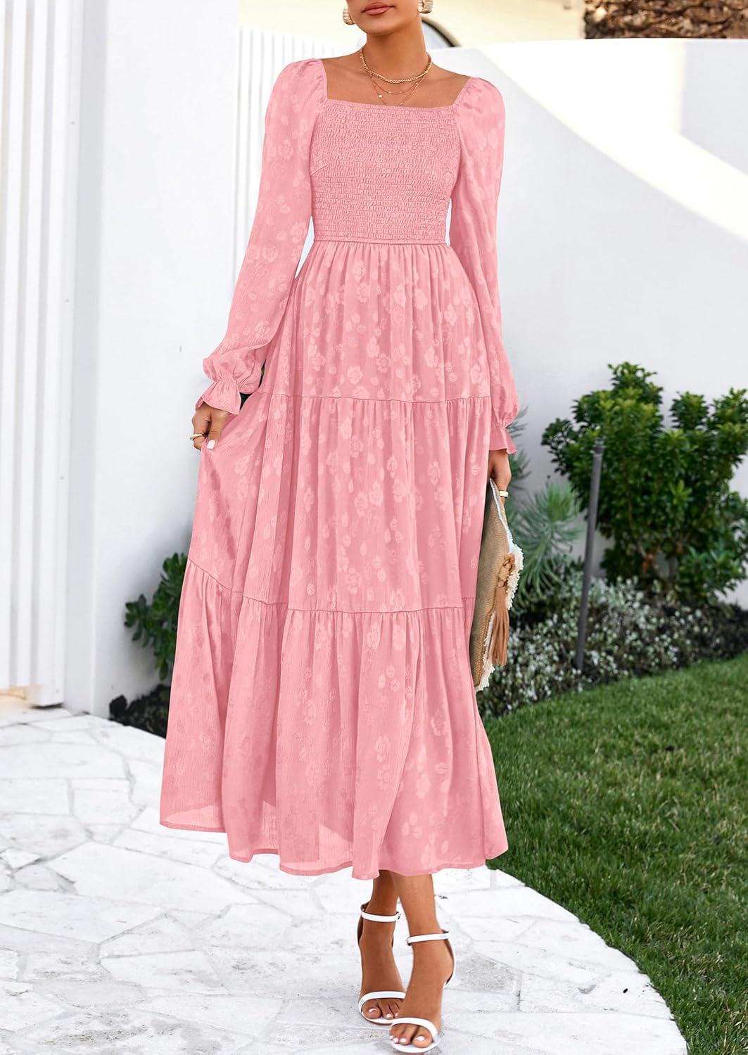 imagePRETTYGARDEN Womens 2025 Fall Floral Midi Dress Long Sleeve Smocked A Line Long Flowy Elegant Wedding Guest DressesPink