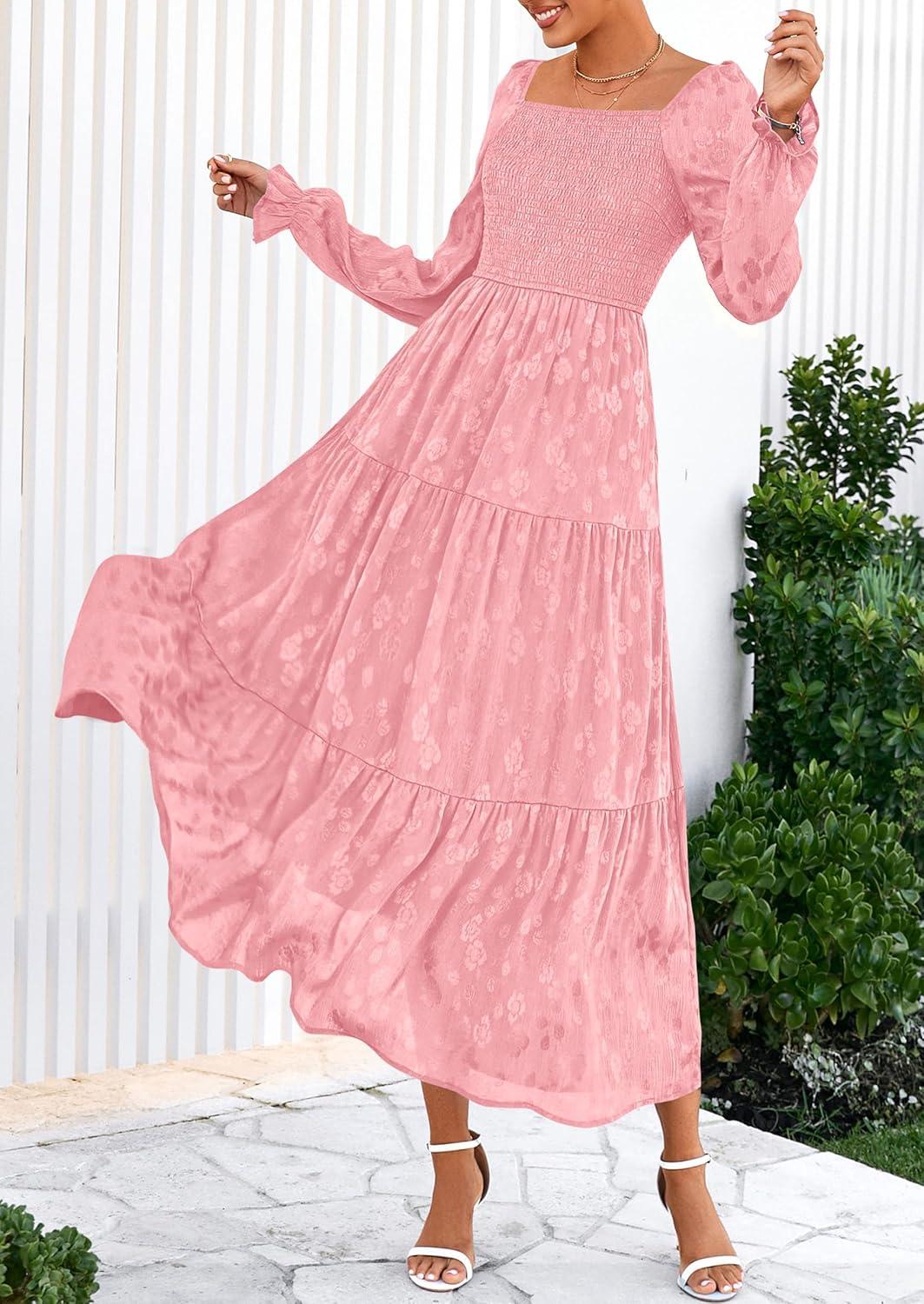 imagePRETTYGARDEN Womens 2025 Fall Floral Midi Dress Long Sleeve Smocked A Line Long Flowy Elegant Wedding Guest DressesPink