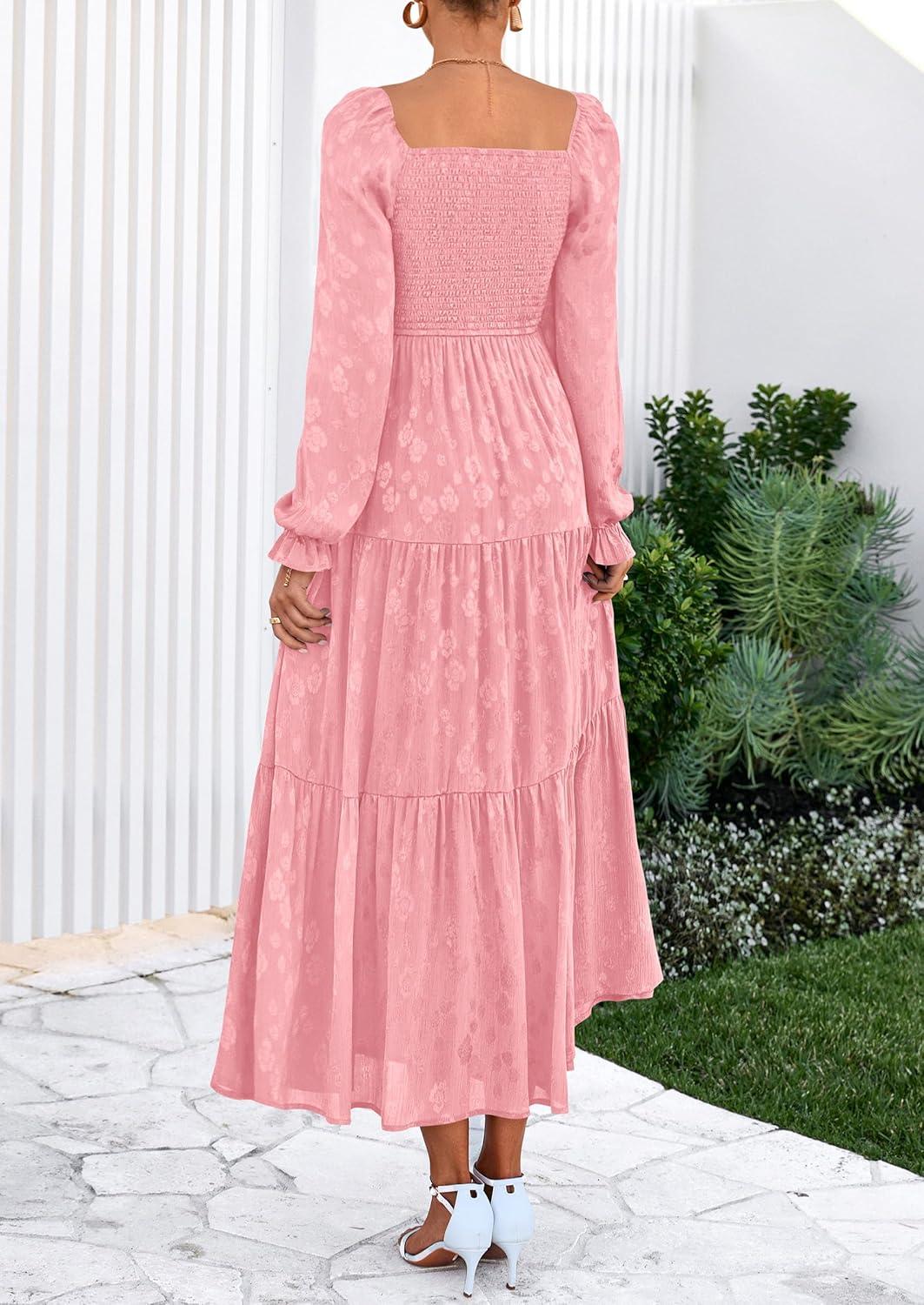 imagePRETTYGARDEN Womens 2025 Fall Floral Midi Dress Long Sleeve Smocked A Line Long Flowy Elegant Wedding Guest DressesPink