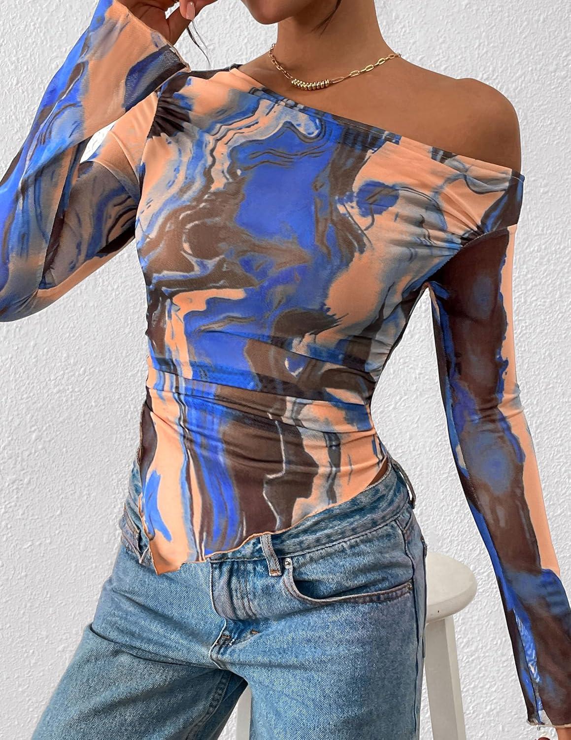 imagePRETTYGARDEN Womens Fall Trendy Off Shoulder Y2k Tops 2025 Tie Dye Mesh Long Sleeve Shirts Asymmetrical Ruched Floral BlouseBlue Watercolour