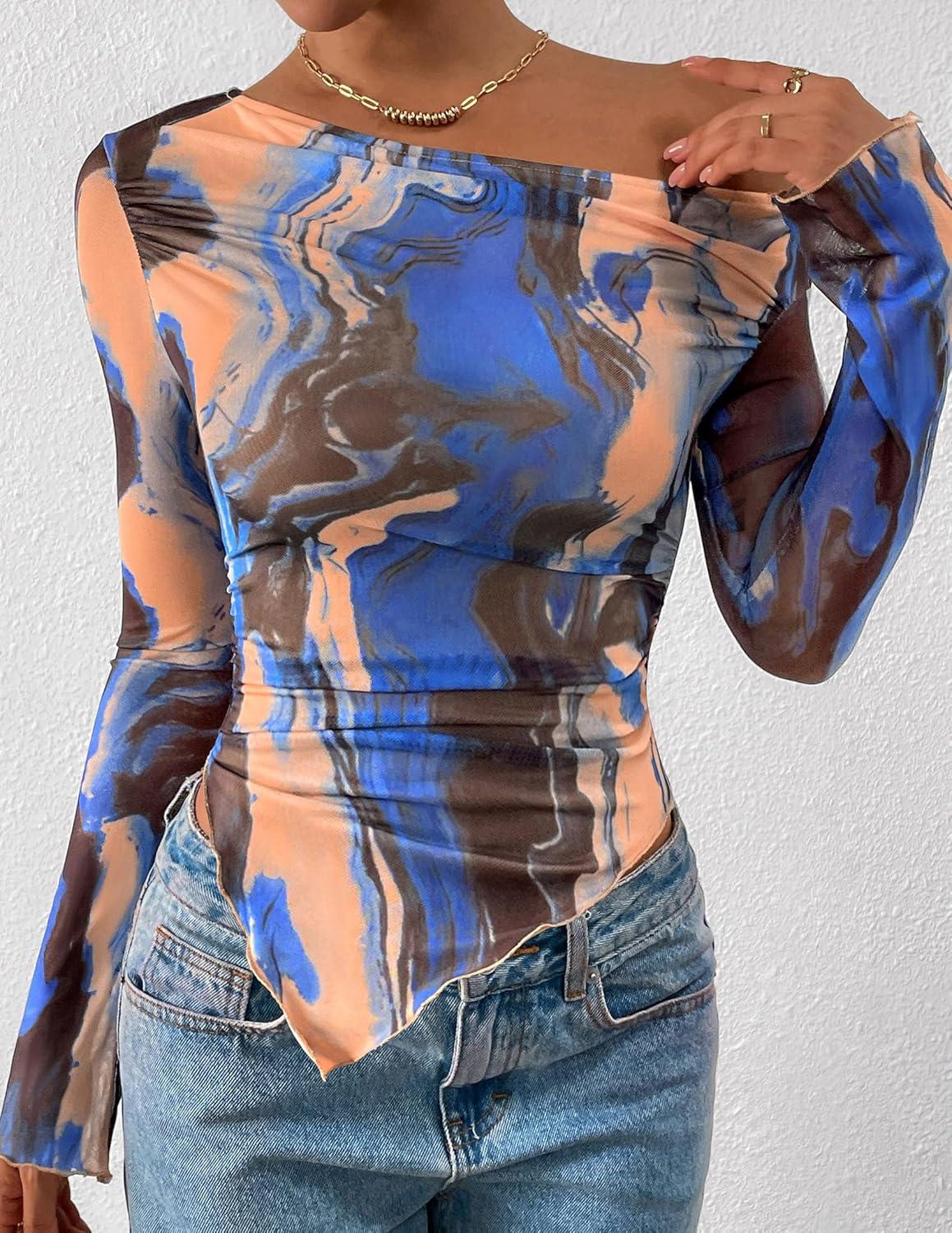 imagePRETTYGARDEN Womens Fall Trendy Off Shoulder Y2k Tops 2025 Tie Dye Mesh Long Sleeve Shirts Asymmetrical Ruched Floral BlouseBlue Watercolour
