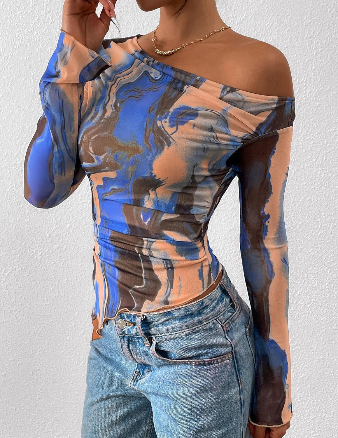 imagePRETTYGARDEN Womens Fall Trendy Off Shoulder Y2k Tops 2025 Tie Dye Mesh Long Sleeve Shirts Asymmetrical Ruched Floral BlouseBlue Watercolour