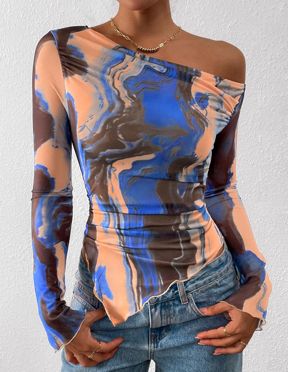 imagePRETTYGARDEN Womens Fall Trendy Off Shoulder Y2k Tops 2025 Tie Dye Mesh Long Sleeve Shirts Asymmetrical Ruched Floral BlouseBlue Watercolour