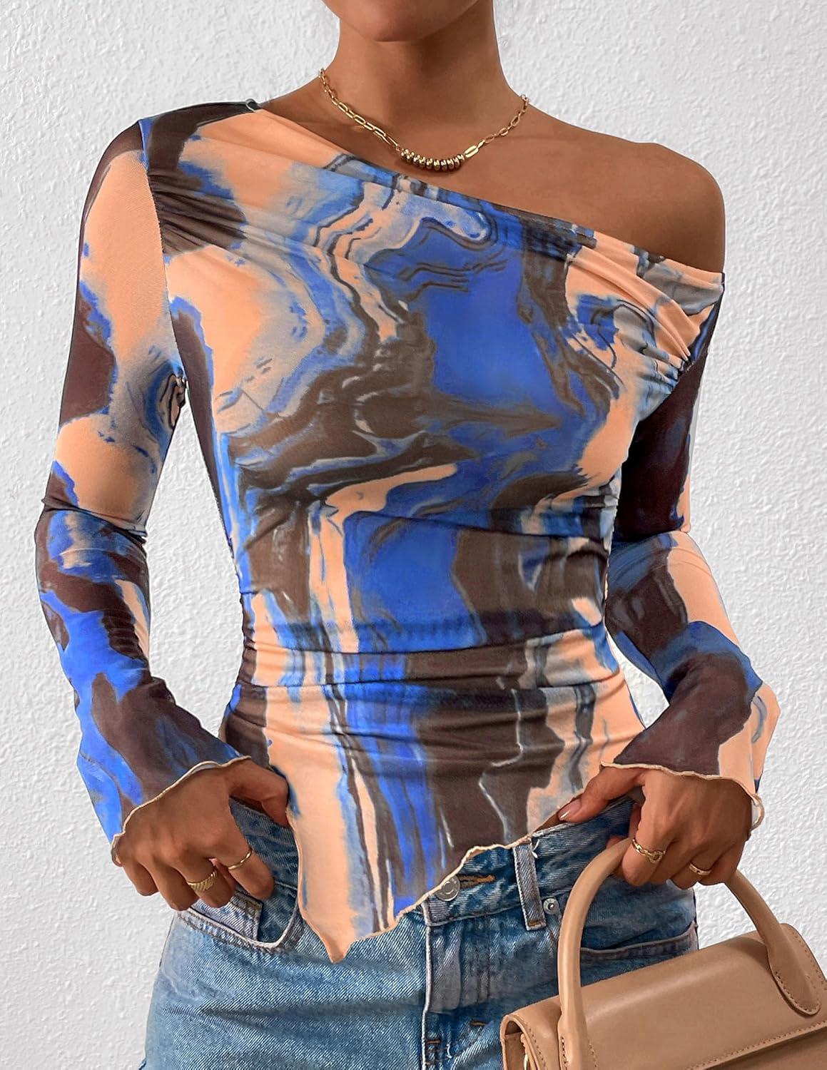 imagePRETTYGARDEN Womens Fall Trendy Off Shoulder Y2k Tops 2025 Tie Dye Mesh Long Sleeve Shirts Asymmetrical Ruched Floral BlouseBlue Watercolour