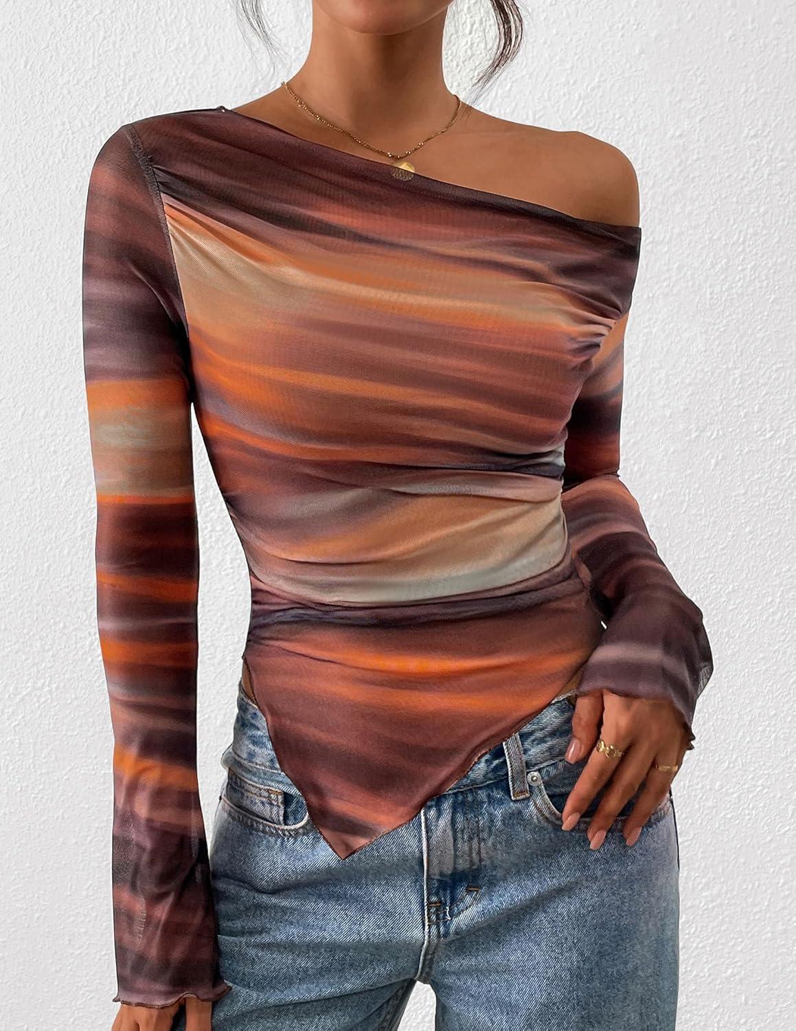 imagePRETTYGARDEN Womens Fall Trendy Off Shoulder Y2k Tops 2025 Tie Dye Mesh Long Sleeve Shirts Asymmetrical Ruched Floral BlouseFloral Brown