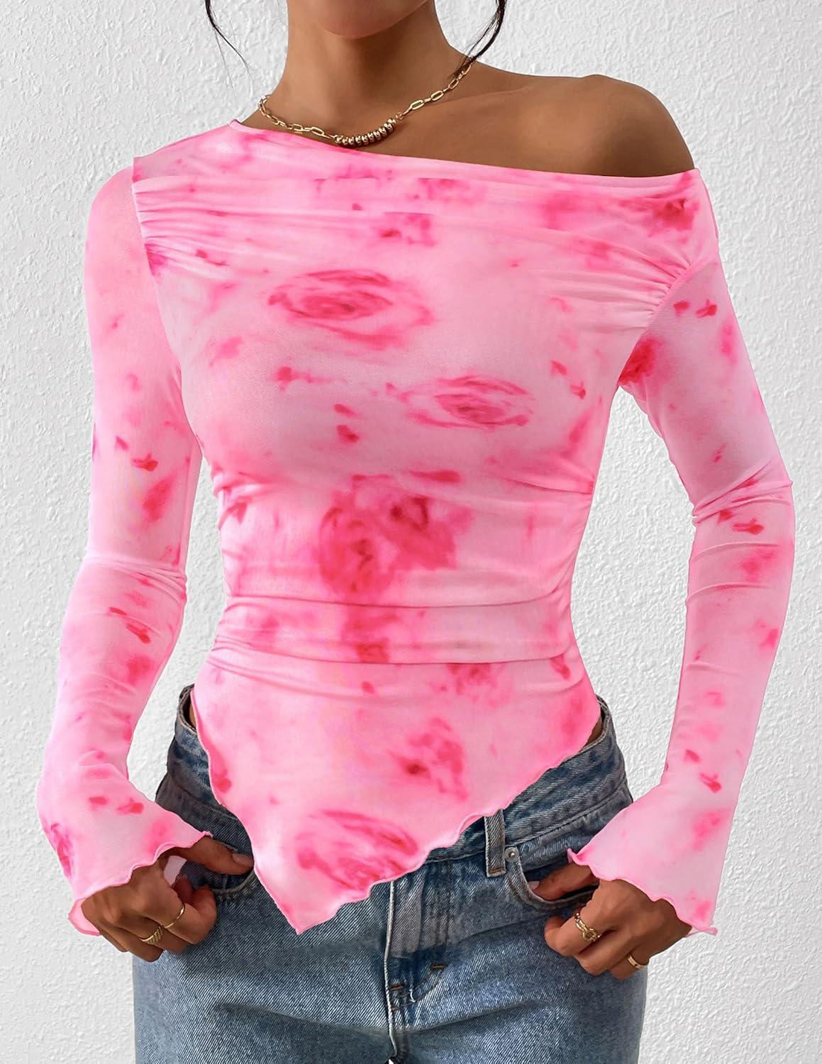 imagePRETTYGARDEN Womens Fall Trendy Off Shoulder Y2k Tops 2025 Tie Dye Mesh Long Sleeve Shirts Asymmetrical Ruched Floral BlouseFloral Pink Red