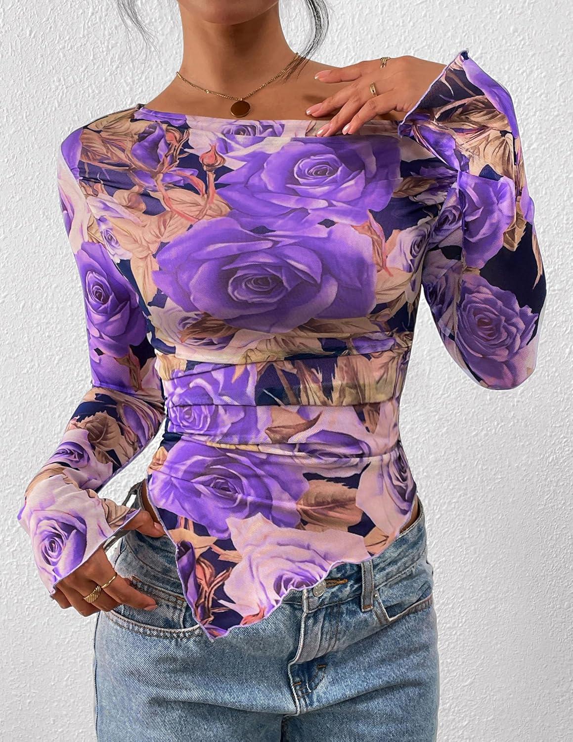 imagePRETTYGARDEN Womens Fall Trendy Off Shoulder Y2k Tops 2025 Tie Dye Mesh Long Sleeve Shirts Asymmetrical Ruched Floral BlouseFloral Purple