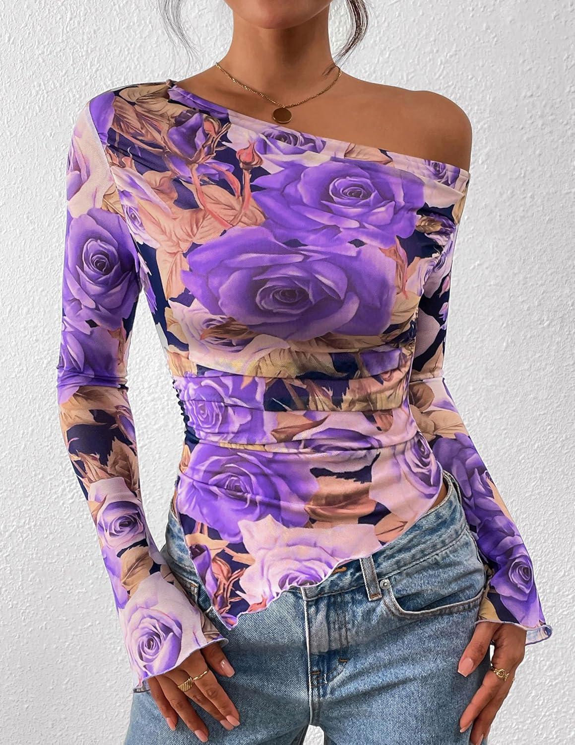 imagePRETTYGARDEN Womens Fall Trendy Off Shoulder Y2k Tops 2025 Tie Dye Mesh Long Sleeve Shirts Asymmetrical Ruched Floral BlouseFloral Purple