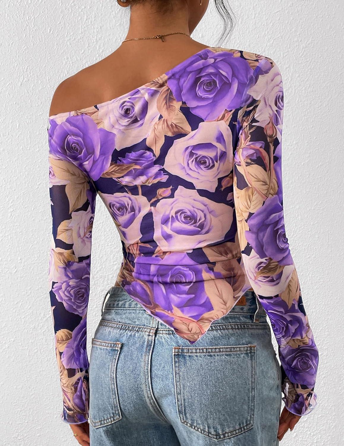 imagePRETTYGARDEN Womens Fall Trendy Off Shoulder Y2k Tops 2025 Tie Dye Mesh Long Sleeve Shirts Asymmetrical Ruched Floral BlouseFloral Purple