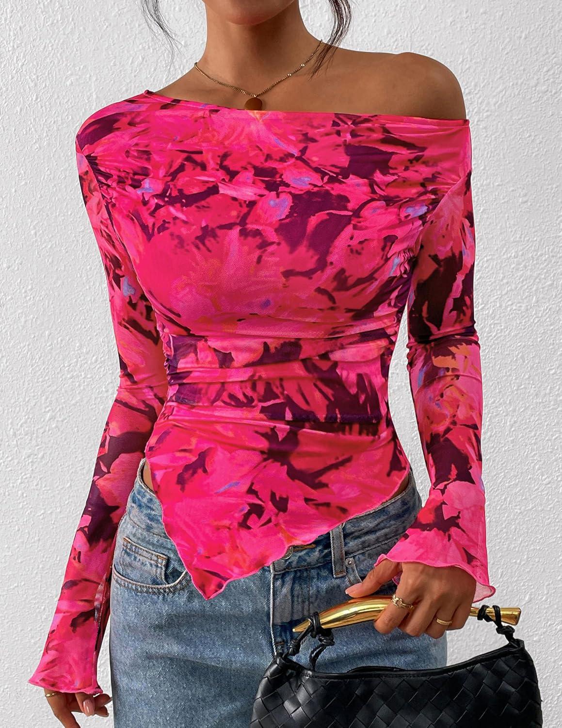 imagePRETTYGARDEN Womens Fall Trendy Off Shoulder Y2k Tops 2025 Tie Dye Mesh Long Sleeve Shirts Asymmetrical Ruched Floral BlouseFloral Rose Red