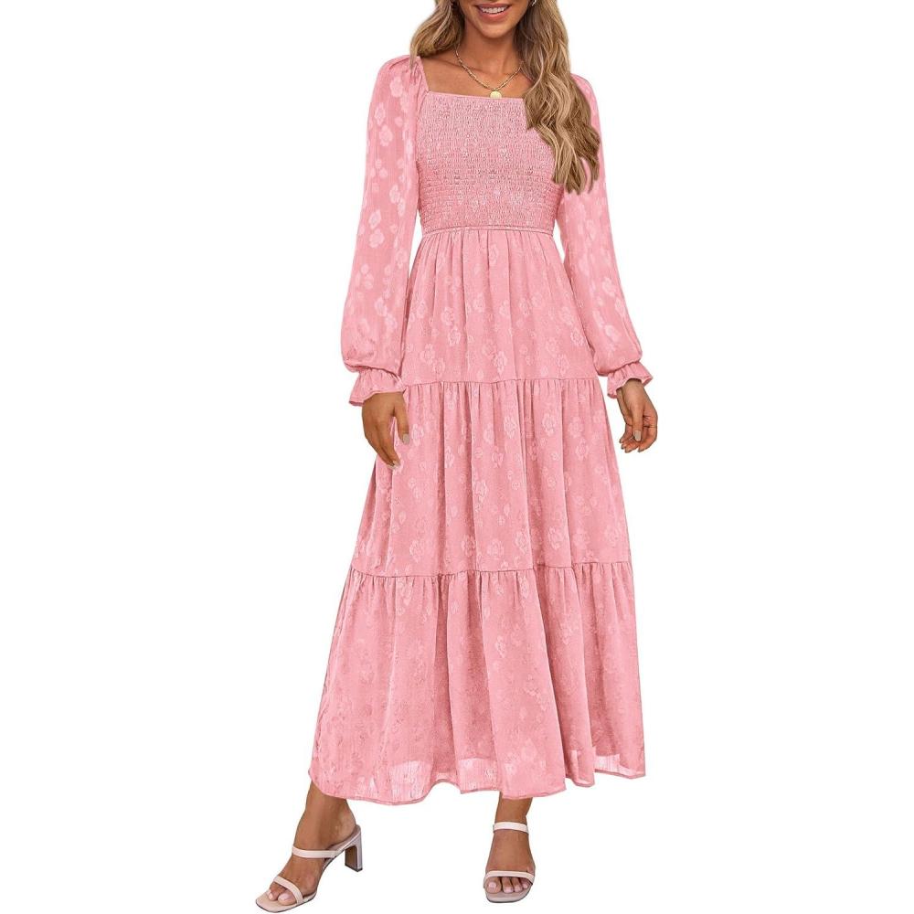 imagePRETTYGARDEN Womens 2025 Fall Floral Midi Dress Long Sleeve Smocked A Line Long Flowy Elegant Wedding Guest DressesPink