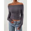 imagePRETTYGARDEN Long Sleeve Shirts for Women 2025 Fall Ruched Sides Boat Neck Basic Tee Casual Fitted Ribbed Knit Crop TopsDark Grey