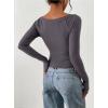 imagePRETTYGARDEN Long Sleeve Shirts for Women 2025 Fall Ruched Sides Boat Neck Basic Tee Casual Fitted Ribbed Knit Crop TopsDark Grey