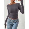 imagePRETTYGARDEN Long Sleeve Shirts for Women 2025 Fall Ruched Sides Boat Neck Basic Tee Casual Fitted Ribbed Knit Crop TopsDark Grey