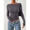imagePRETTYGARDEN Long Sleeve Shirts for Women 2025 Fall Ruched Sides Boat Neck Basic Tee Casual Fitted Ribbed Knit Crop TopsDark Grey