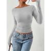 imagePRETTYGARDEN Long Sleeve Shirts for Women 2025 Fall Ruched Sides Boat Neck Basic Tee Casual Fitted Ribbed Knit Crop TopsGrey