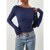 imagePRETTYGARDEN Long Sleeve Shirts for Women 2025 Fall Ruched Sides Boat Neck Basic Tee Casual Fitted Ribbed Knit Crop TopsNavy Blue