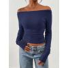 imagePRETTYGARDEN Long Sleeve Shirts for Women 2025 Fall Ruched Sides Boat Neck Basic Tee Casual Fitted Ribbed Knit Crop TopsNavy Blue